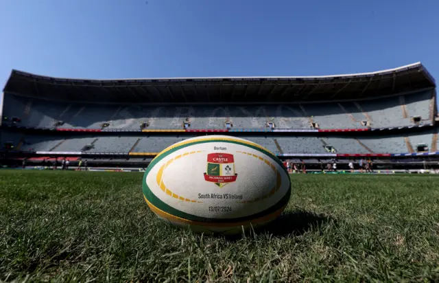 A rugby ball on the pitch at Durban