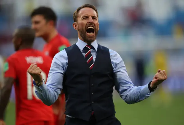 England manager Gareth Southgate is seen during the 2018 FIFA World Cup Russia Quarter Final match between Sweden and England