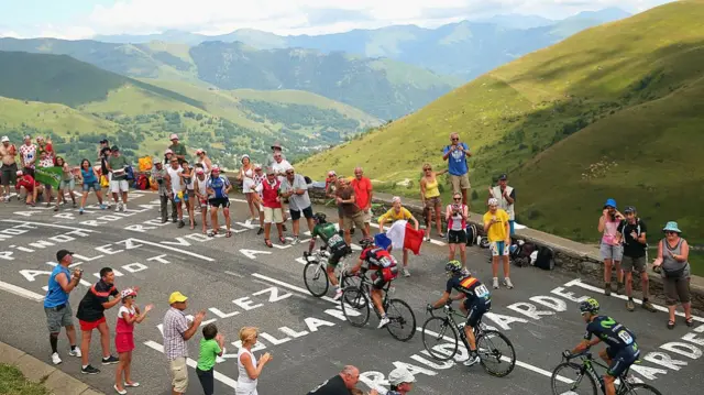 Cyclists during stage 17 of the 2014 Tour de France from Saint-Gaudens to Saint-Lary-Soulan Pla d'Adet