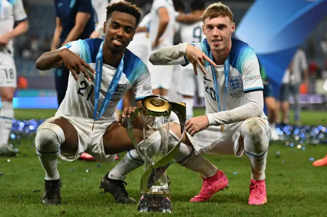 Angel Gomes and Cole Palmer celebrate winning the U21s Euros in 2023