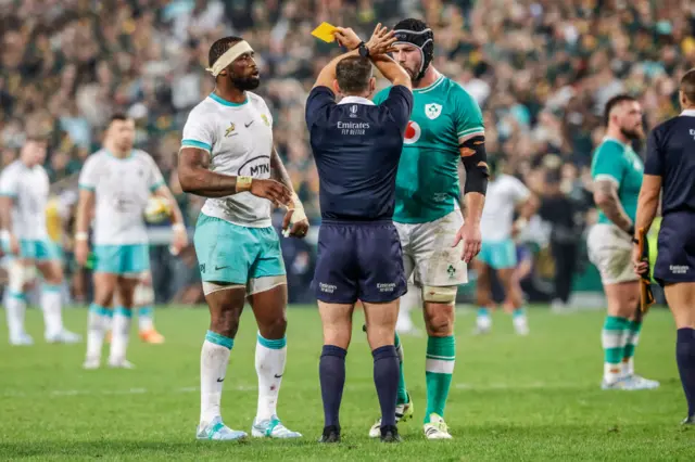 Siya Kolisi as Caelan Doris is shown a yellow card