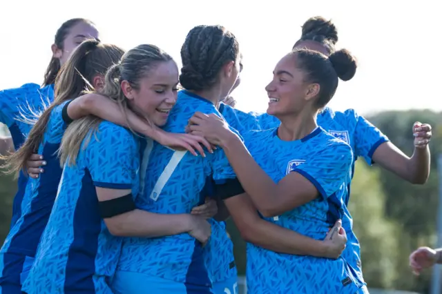 Mia Enderby of England celebrates scoring a penalty during the UEFA European Under-19 Women's Championship match between Greece and England