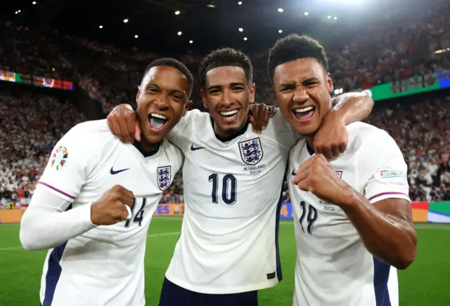 Ezri Konsa, Jude Bellingham and Ollie Watkins celebrate