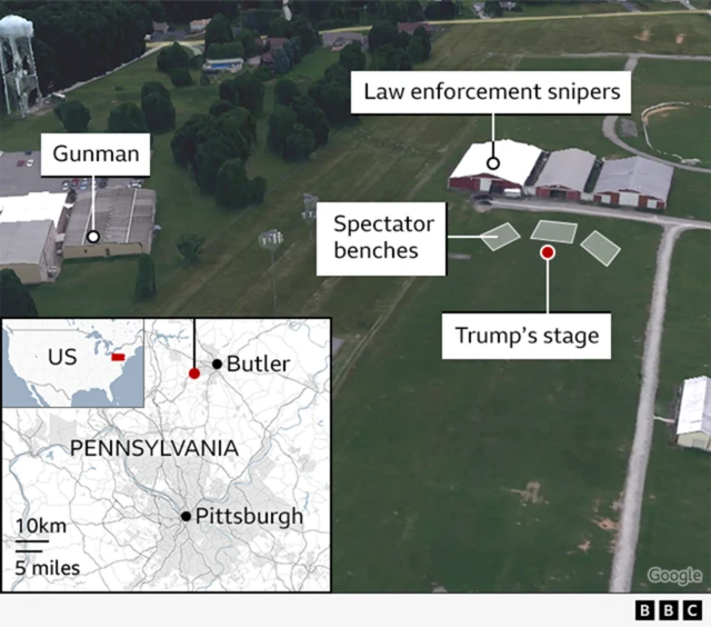 A map showing the location of Trump's stage, the spectator benches and where the gunman is believed to have been when he carried out the attack