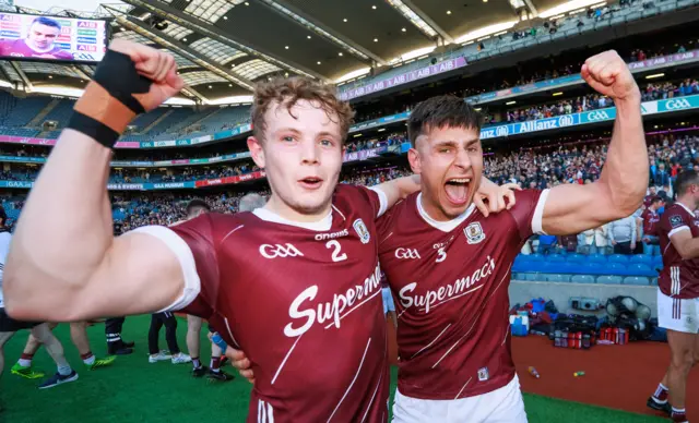 Galway pair Johnny McGrath and Seán Fitzgerald celebrate the win over Dublin