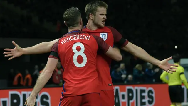 Eric Dier celebrates his goal at Olympiastadion Berlin