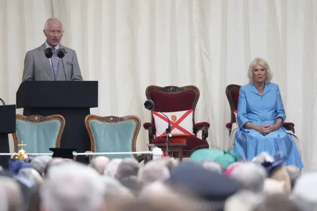 King and Queen on a platform in Jersey's Royal Square