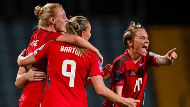 Wales players celebrate victory in Croatia