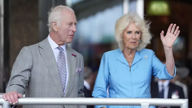 King Charles III and Queen Camilla attend the King's Parade outside Pomme d'Or Hotel, Liberation Square in St Helier, Jersey