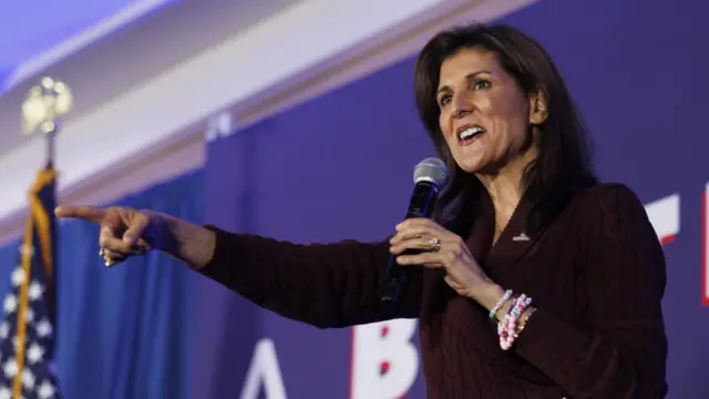 Former Republican US presidential candidate Nikki Haley gestures during a campaign stop in Needham, Massachusetts, USA, 02 March 2024.