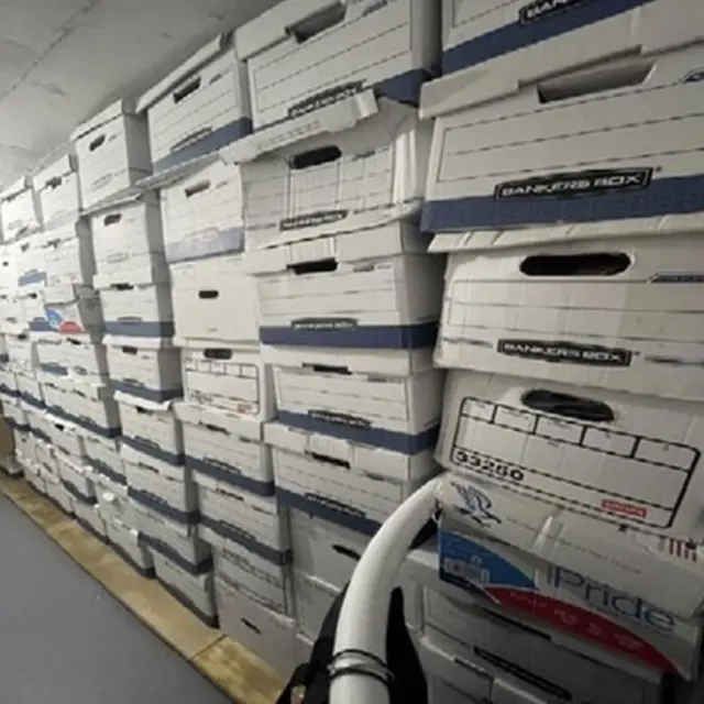 A Mar-a-Lago storage room against which dozens of boxes were stacked