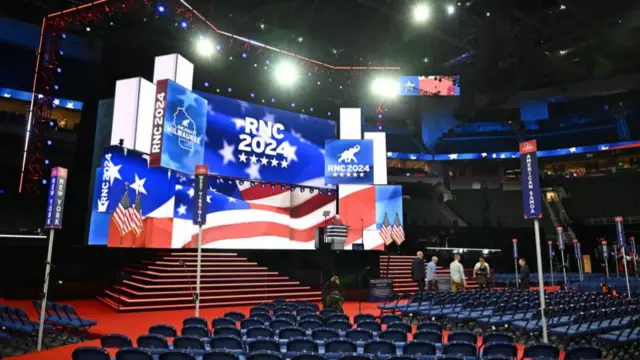 A view of the convention floor and stage ahead of the 2024 Republican Convention (RNC) at the Fiserv Forum in Milwaukee, Wisconsin on July 14, 2024. The convention will take place from July 15th to the 18th.