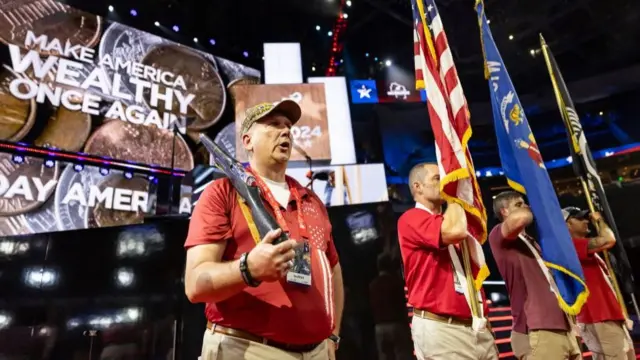 A color guard, whose role is to present the US and Air Force flags, rehearses during RNC preparations