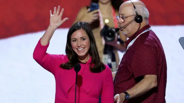 Republican Senator from Alabama Katie Britt visits the stage ahead of the convention