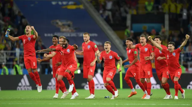 England players celebrate the penalty save by Jordan Pickford