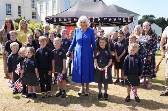 Queen Camilla with pupils from Sark School