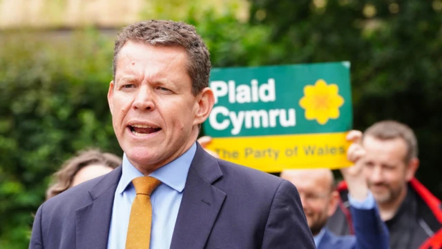 Plaid Cymru Leader Rhun ap Iorwerth speaking on College Green opposite the Palace of Westminster