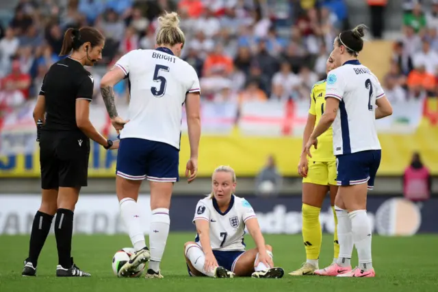 Mead sits on the floor to take a breathe after a tough tackle