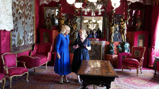 Queen Camilla with Honorary French Consul Odile Blanchette, during a visit to Hauteville House, the residence of writer Victor Hugo during his exile in Guernsey