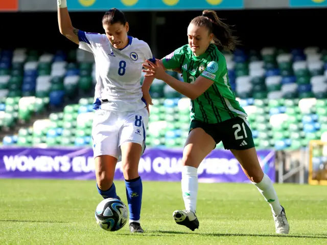 Kerry Beattie challenges for the ball