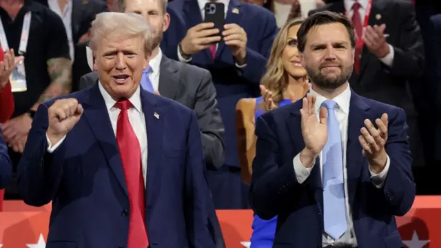 Republican presidential candidate, former U.S. President Donald Trump (L) and Republican Vice Presidential candidate, U.S. Sen. J.D. Vance (R-OH) appear on the first day of the Republican National Convention at the Fiserv Forum on July 15, 2024 in Milwaukee, Wisconsin