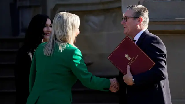 British Prime Minister Keir Starmer meets Northern Ireland's First Minister Michelle O'Neill and Deputy First Minister Emma Little-Pengelly at Stormont Caste, during the PM's tour of the UK following Labour's victory in the 2024 General Election, in Belfast, Northern Ireland