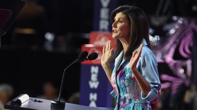 Former U.S. Ambassador to the United Nations Nikki Haley speaks on Day 2 of the Republican National Convention (RNC), at the Fiserv Forum in Milwaukee, Wisconsin.