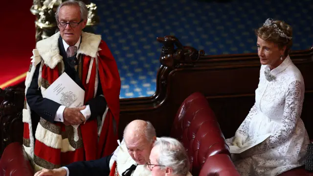 Charles Wellesley, 9th Duke of Wellington and Princess Antonia of Prussia, Duchess of Wellington take their seats in the House of Lords Chamber, ahead of the State Opening of Parliament, in the Houses of Parliament, in London, Britain on July 17, 2024.