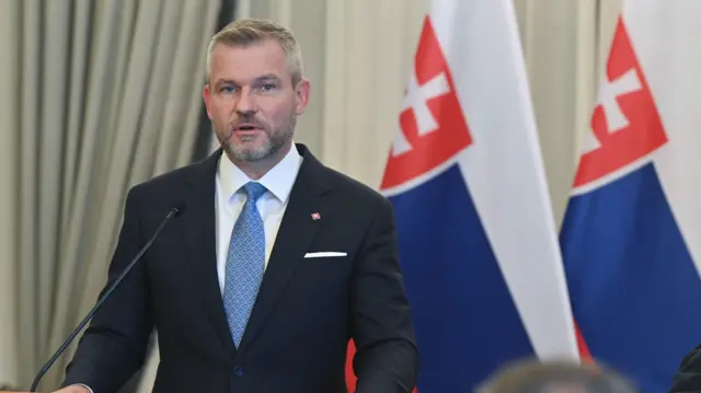 Slovakian President Peter Pellegrini speaks during a joint press conference