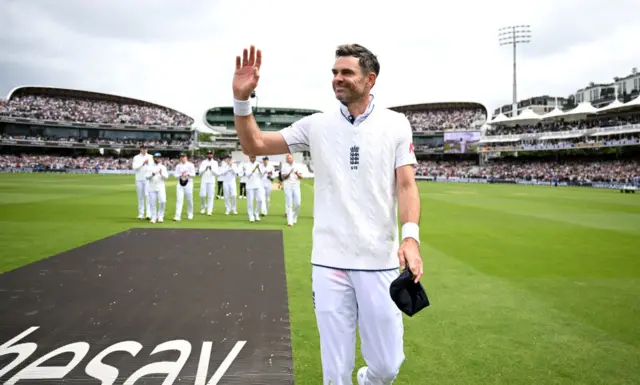 England's James Anderson acknowledges the crowd at Lord's as he walks off at the end of his final Test match