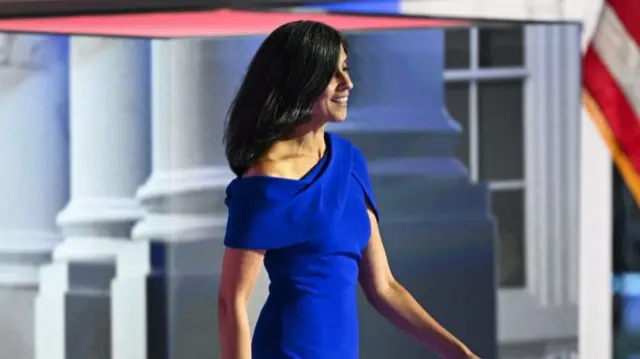 Usha Chilukuri Vance, wife of J.D. Vance walks on stage on the third day of the Republican National Convention