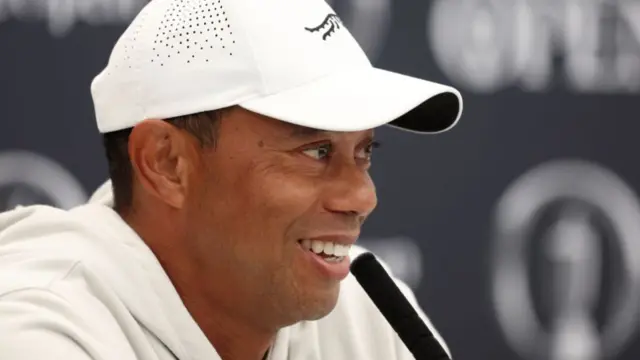 Tiger Woods speaks to the media at the Open Championship