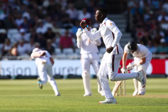 Kevin Sinclair celebrates wicket of Gus Atkinson