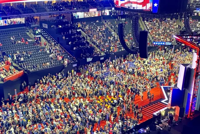 A wide view of the crowd at the arena