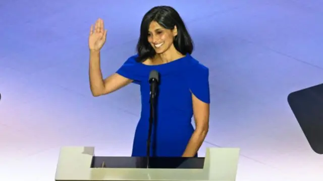 Usha Chilukuri Vance, wife of J.D. Vance walks on stage on the third day of the Republican National Convention