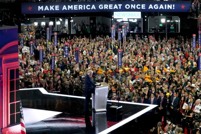 Donald Trump stands before the crowd at the Republican convention