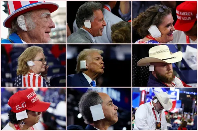 A combination image shows Republican presidential nominee and former US President Donald Trump with a bandaged ear after he was injured in an assassination attempt, and supporters and attendees wearing bandages over their ears in tribute to Trump during the Republican National Convention