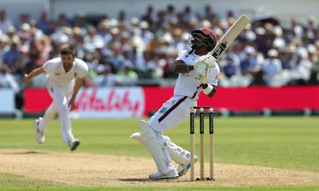 Kavem Hodge of the West Indies pulls a Mark Wood delivery during Day two of the 2nd Test Match between England and the West Indies at Trent Bridge