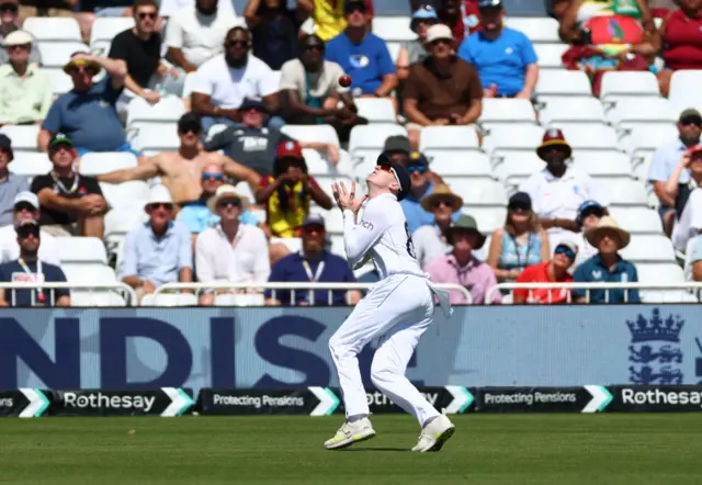 England's Harry Brook West takes a catch to dismiss Indies' Mikyle Louis off the bowling of Shoaib Bashir