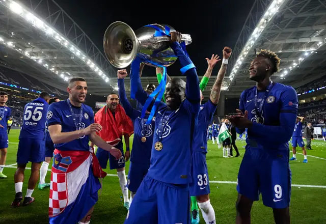 N'Golo Kante of Chelsea celebrates with the Champions League Trophy