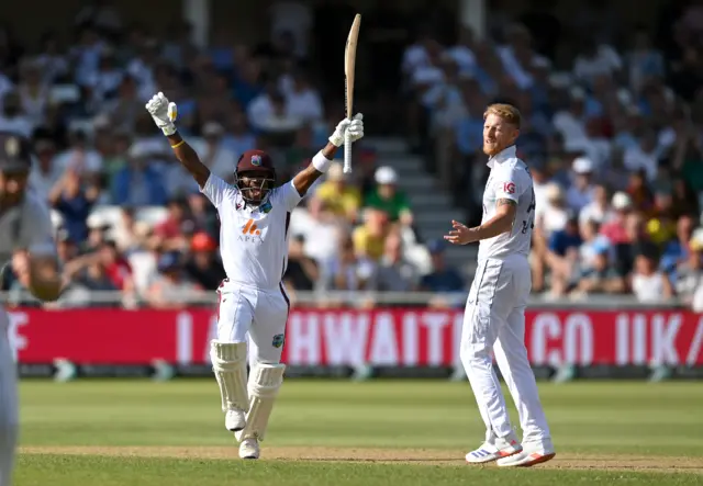 Kavem Hodge celebrates reaching his century against England