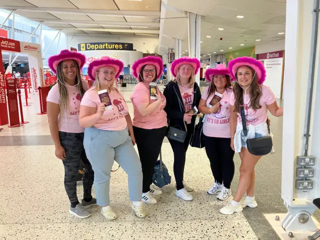 Half of a hen party at East Midlands Airport