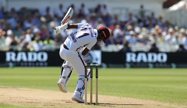 Kraigg Braithwaite of the West Indies avoids a delivery from Gus Atkinson during Day two of the 2nd Test Match between England and the West Indies at Trent Bridge