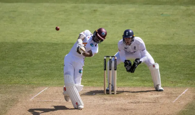 Alick Athanaze of West Indies hits out during day two of the 2nd Rothesay Test Match between England and West Indies at Trent Bridge