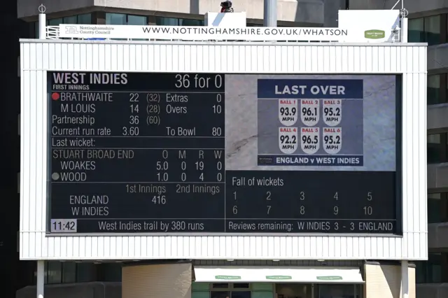 The scoreboard shows speeds of Mark Wood reaching 96.5mph in his first over