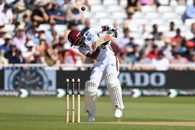 West Indies captain Kraigg Brathwaite avoids a short ball from Gus Atkinson of England during day two of the 2nd Test Match between England and the West Indies at Trent Bridge