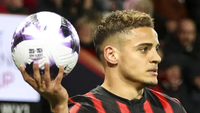 Max Aarons holds the ball in his right hand has he prepares to take a throw in for Bournemouth