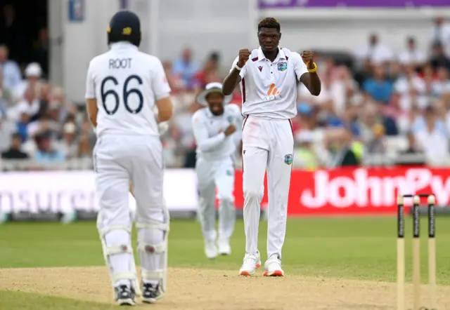 Alzarri Joseph celebrates the wicket of Ben Duckett