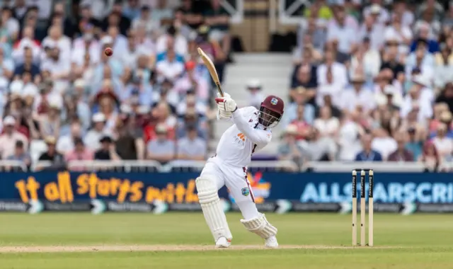 Shamar Joseph hits Chris Woakes for four