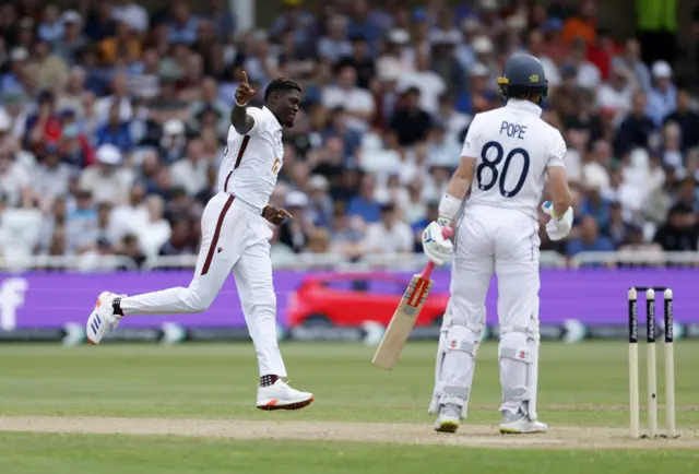 Alzarri Joseph celebrates the wicket of Ollie Pope